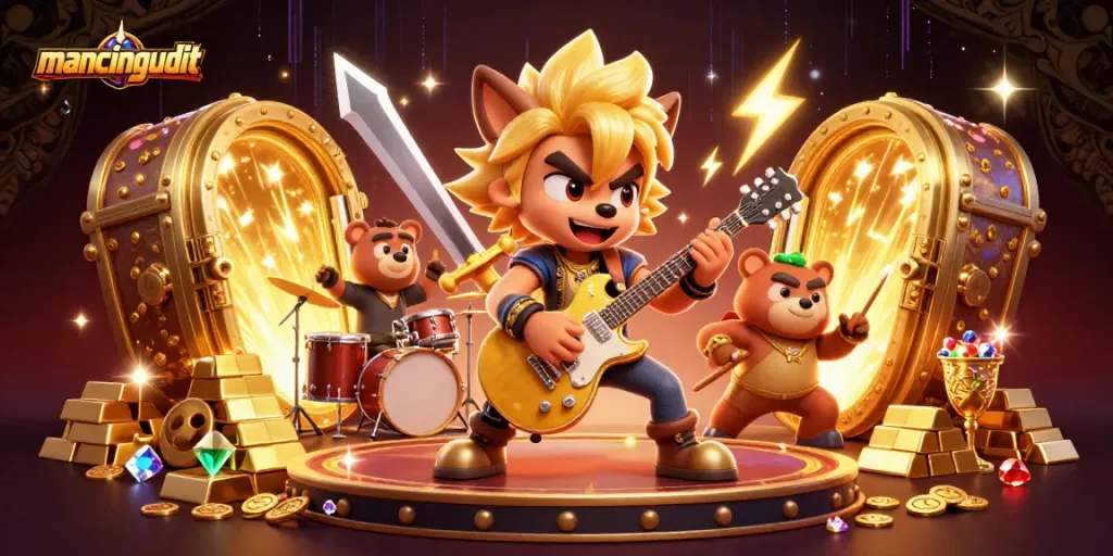 Mancingduit enriches your gaming experience with a vibrant casino illustration featuring an electric guitar and golden treasures.