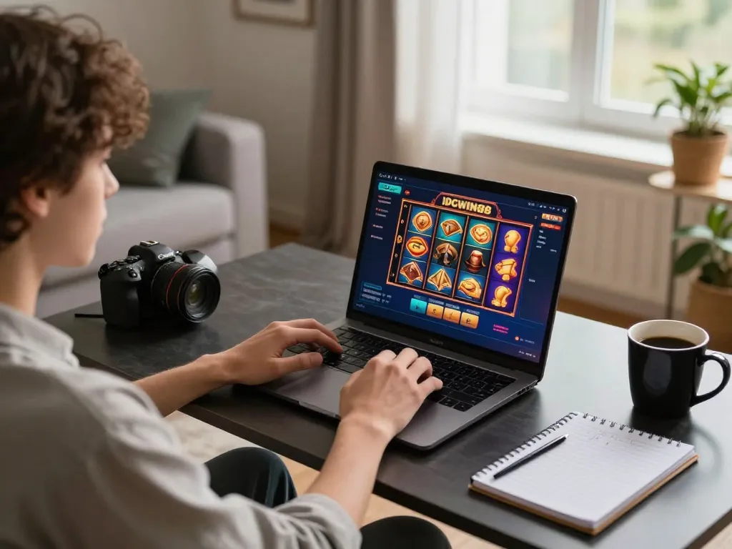 Player enjoying IDCWIN88 slots on a laptop in a cozy gaming setup.