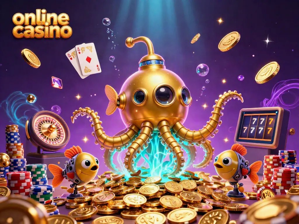 Experience the thrill of an online casino with colorful games and golden treasures.