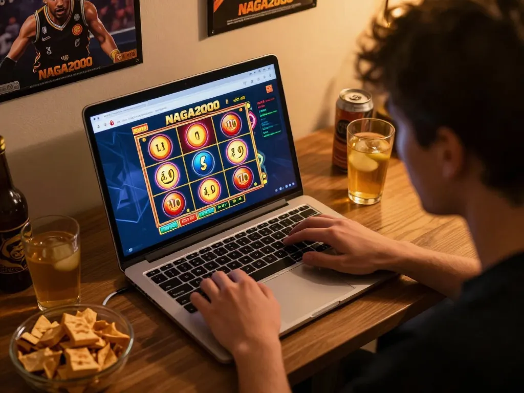 NAGA2000 player dramatically spinning slot reels on a laptop in a cozy living room.