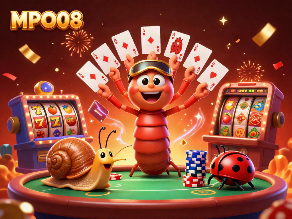 Experience the excitement of MPO08 with vibrant slot reels and animated characters in a whimsical casino scene.