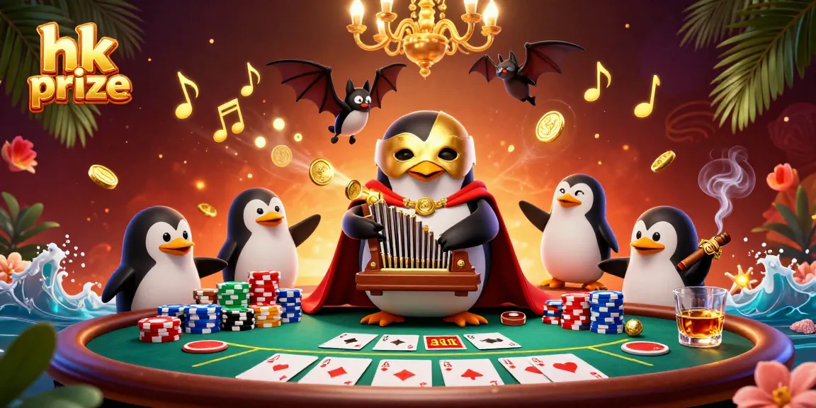 Menampilkan hasil pengundian hk prize dengan kartun penguin opera dan elemen kasino yang berkilau.