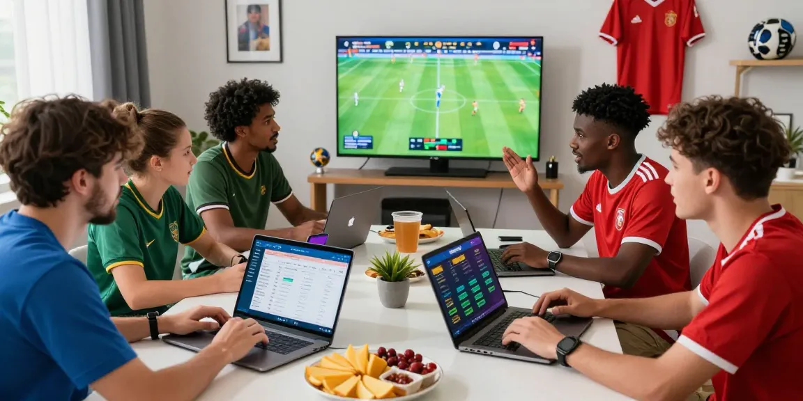 Group of diverse fans using TEMPOTOTO daftar for online betting, surrounded by sports memorabilia and excitement during a match.