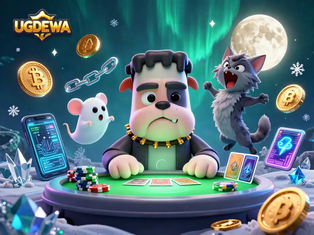 Engage in thrilling gaming with UGDEWA, featuring a whimsical scene of cartoon characters and cryptocurrency elements.