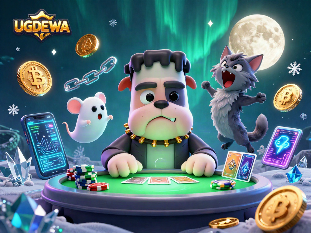 Engage in thrilling gaming with UGDEWA, featuring a whimsical scene of cartoon characters and cryptocurrency elements.