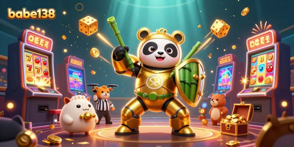 Menangkan jackpot dengan Babe138, simbol slot, dan koin emas dalam ilustrasi kasino yang semarak.