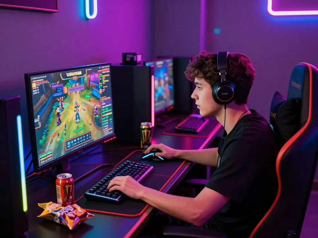 Pemain yang terlibat dalam permainan slot online VIRUS88 dengan cahaya LED yang cerah, perlengkapan permainan, dan suasana yang mendalam.
