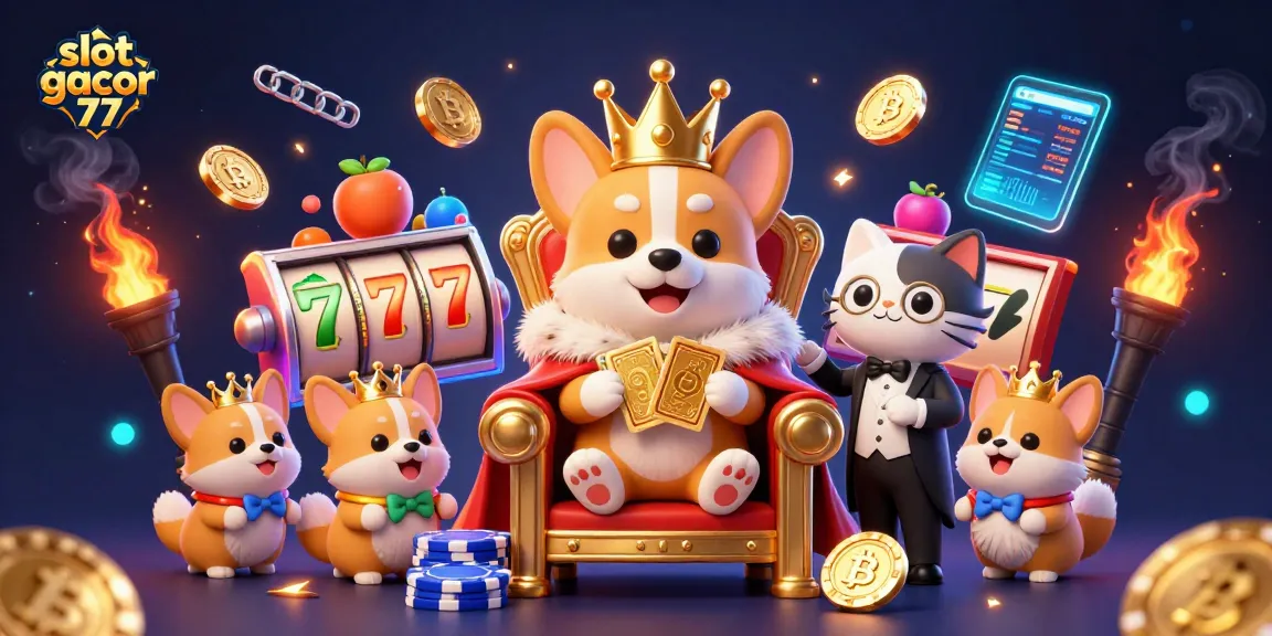 Engage with slot gacor 777 action featuring a royal corgi on a throne amid vibrant jackpots and crypto coins.