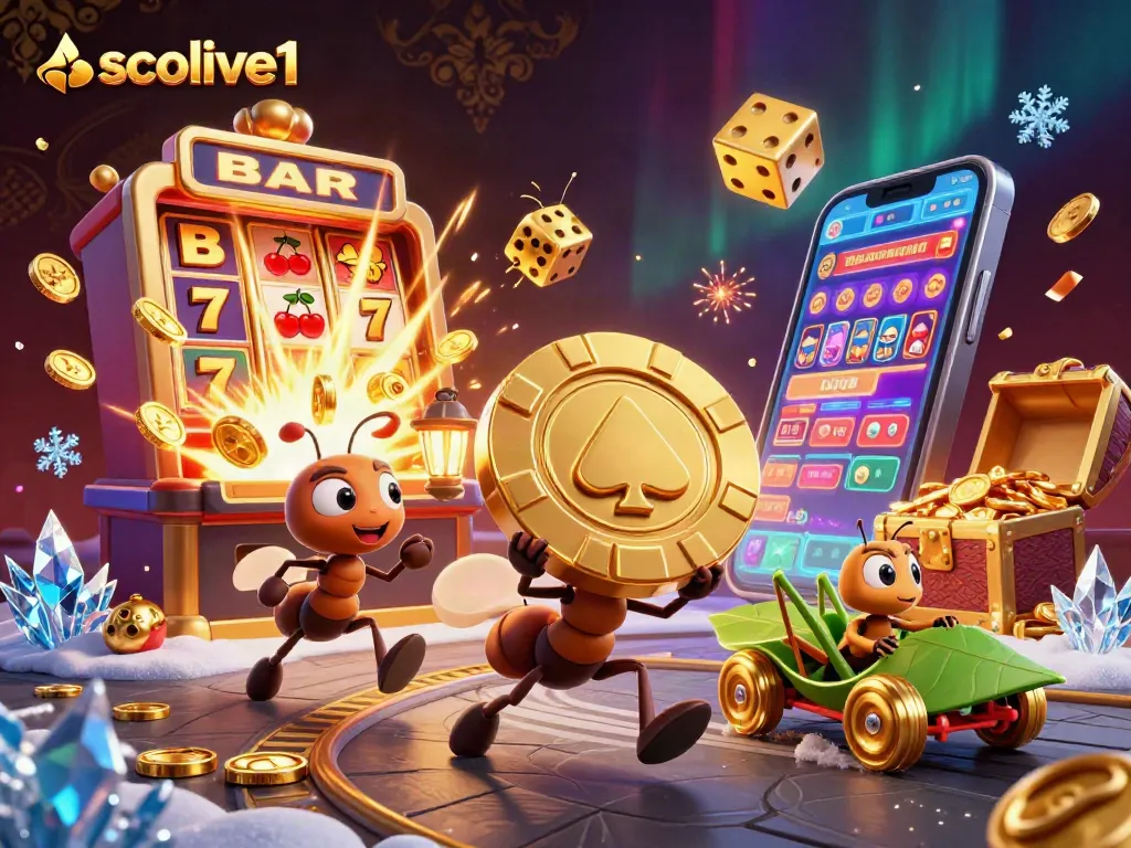 Engage in thrilling gameplay with socolive1 as ants carry a massive poker chip through a vibrant casino heist scene.
