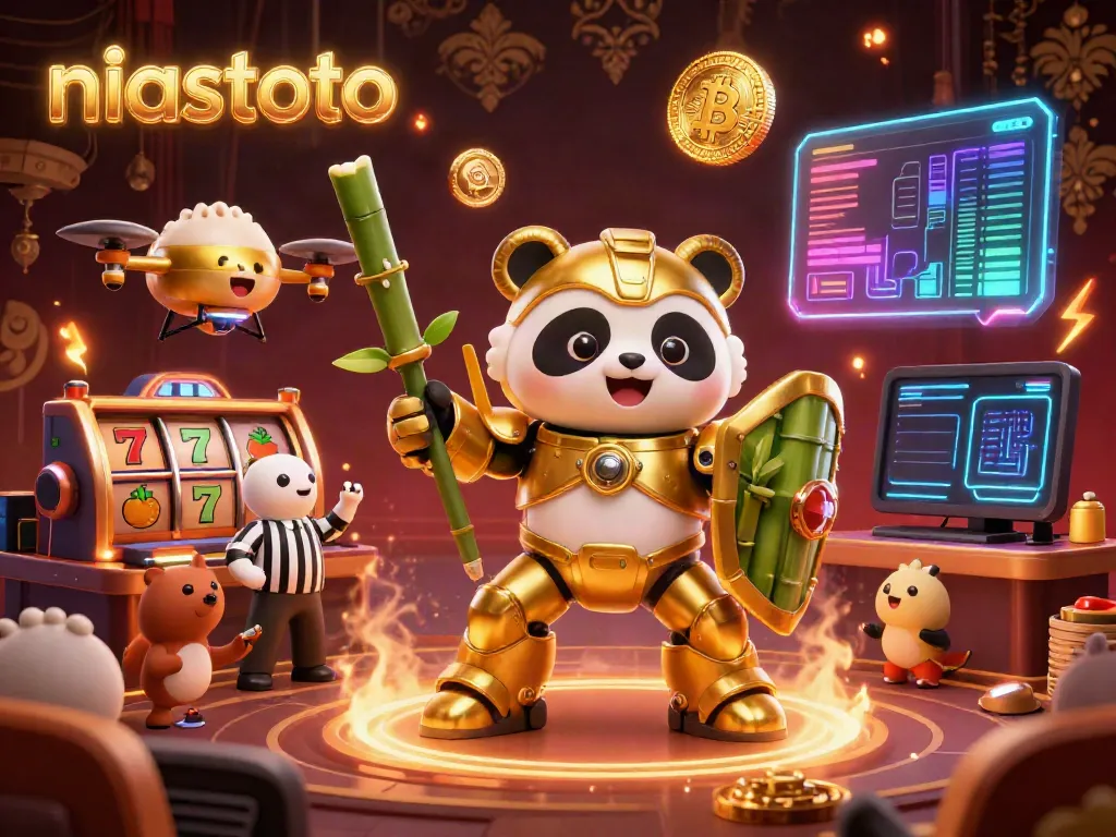 Gambarlah niastoto di arena kasino dengan simbol slot dan koin kripto mengelilingi panda dan robot.