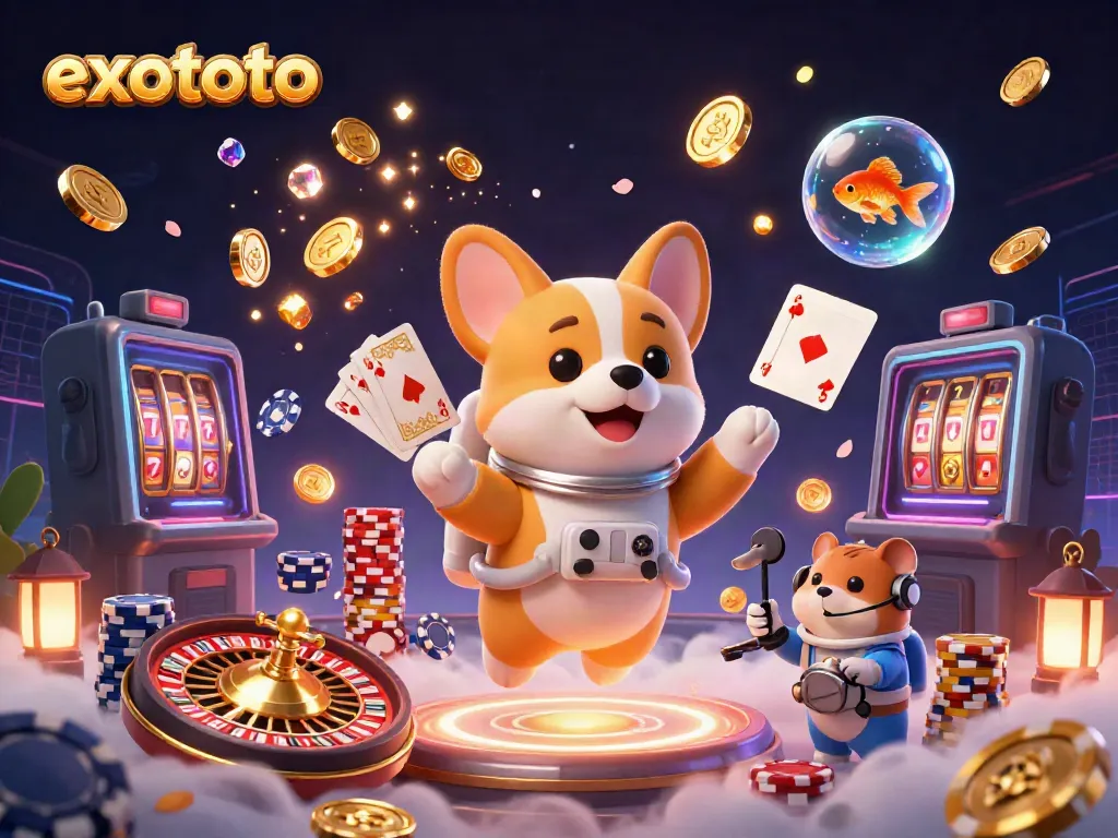 EXOTOTO menghadirkan gambar kasino dengan corgi astronot yang mengambang dan chip permainan yang semarak.