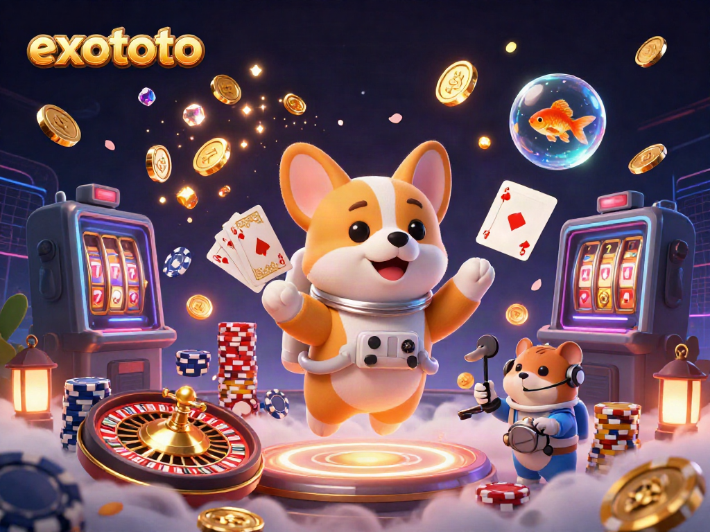 EXOTOTO menghadirkan gambar kasino dengan corgi astronot yang mengambang dan chip permainan yang semarak.