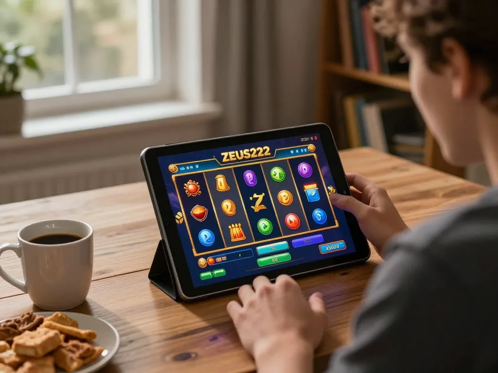 Engaging in ZEUS222 online slot gaming on a tablet, highlighting excitement and strategy.