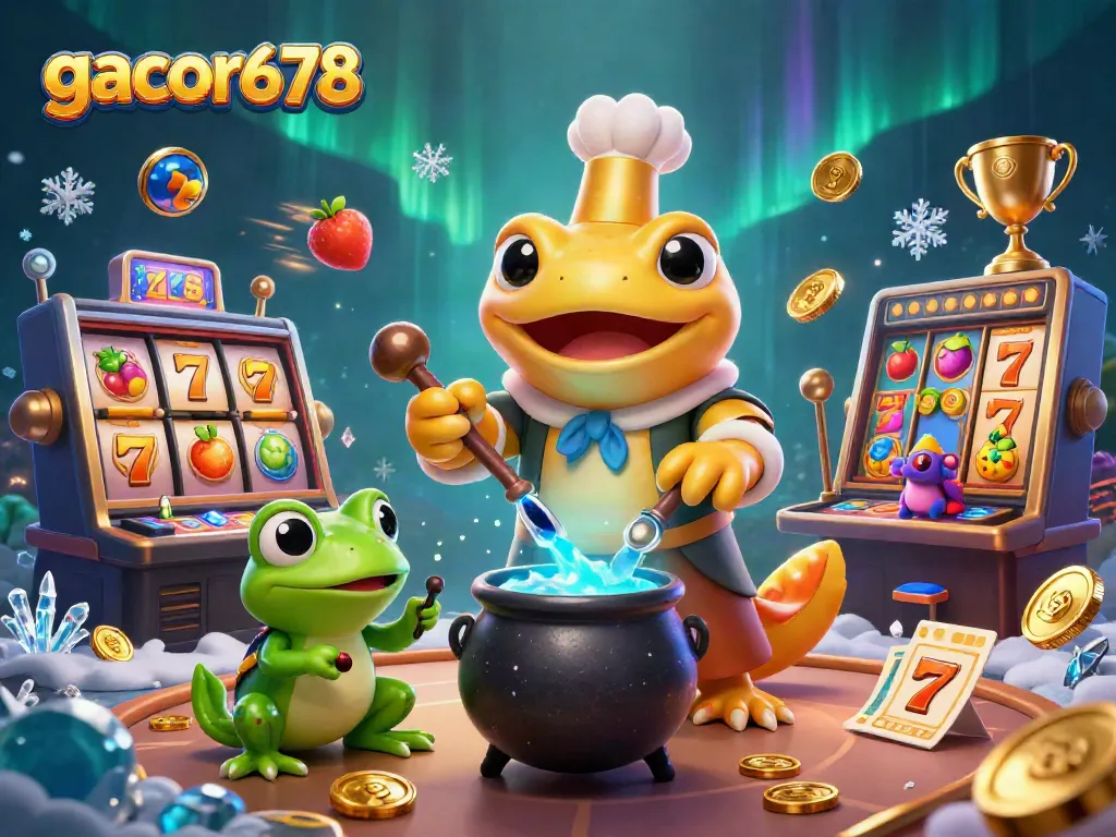 Play at gacor678 with exciting slots, golden trophies, and vibrant casino elements in a dynamic scene.