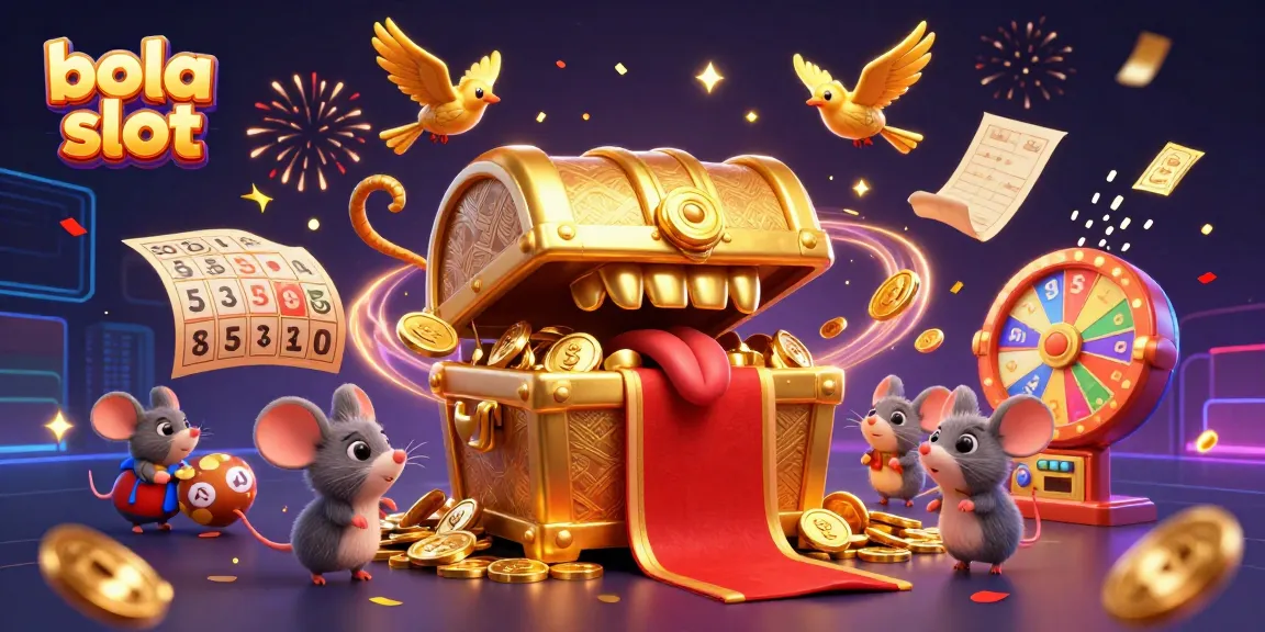 Engage with the thrill of bola slot gameplay featuring a treasure chest, vibrant slot reels, and dynamic energy.