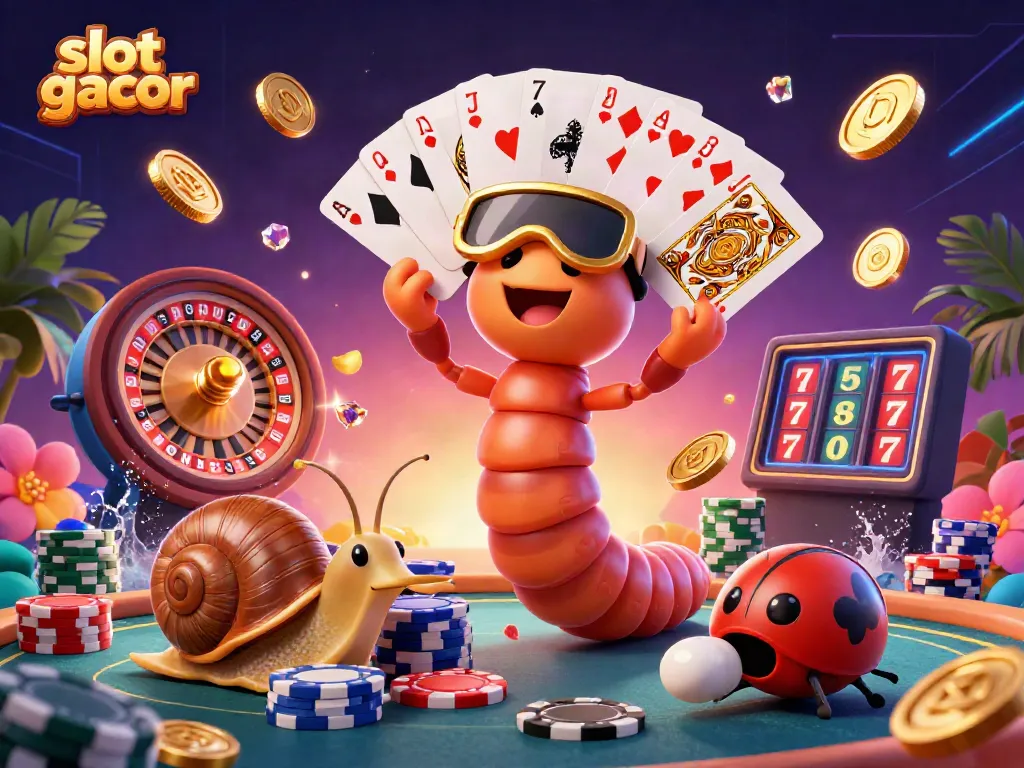 Engaging scene of slot gacor featuring a colorful cartoon millipede dealer fanning cards and lucky symbols in a vibrant casino.