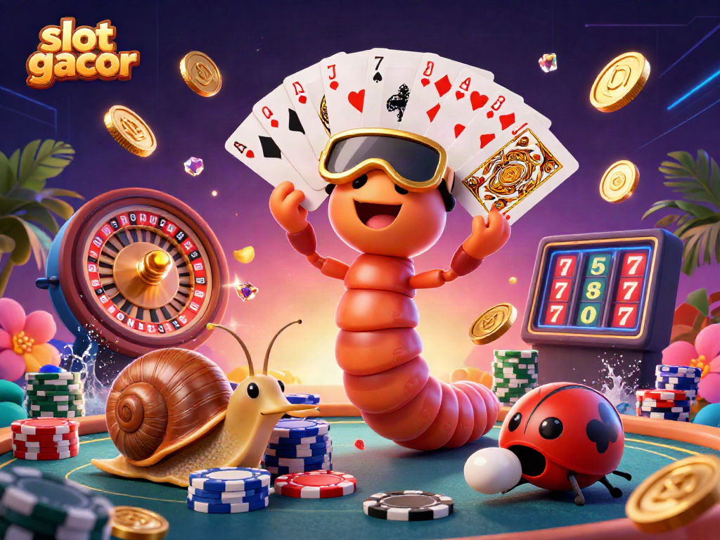Engaging scene of slot gacor featuring a colorful cartoon millipede dealer fanning cards and lucky symbols in a vibrant casino.