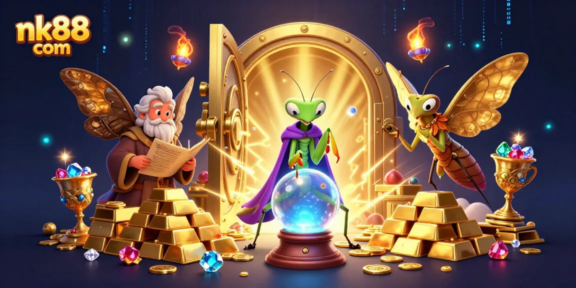Win big at nk88 com with this vibrant scene filled with treasure and fortune-telling characters.