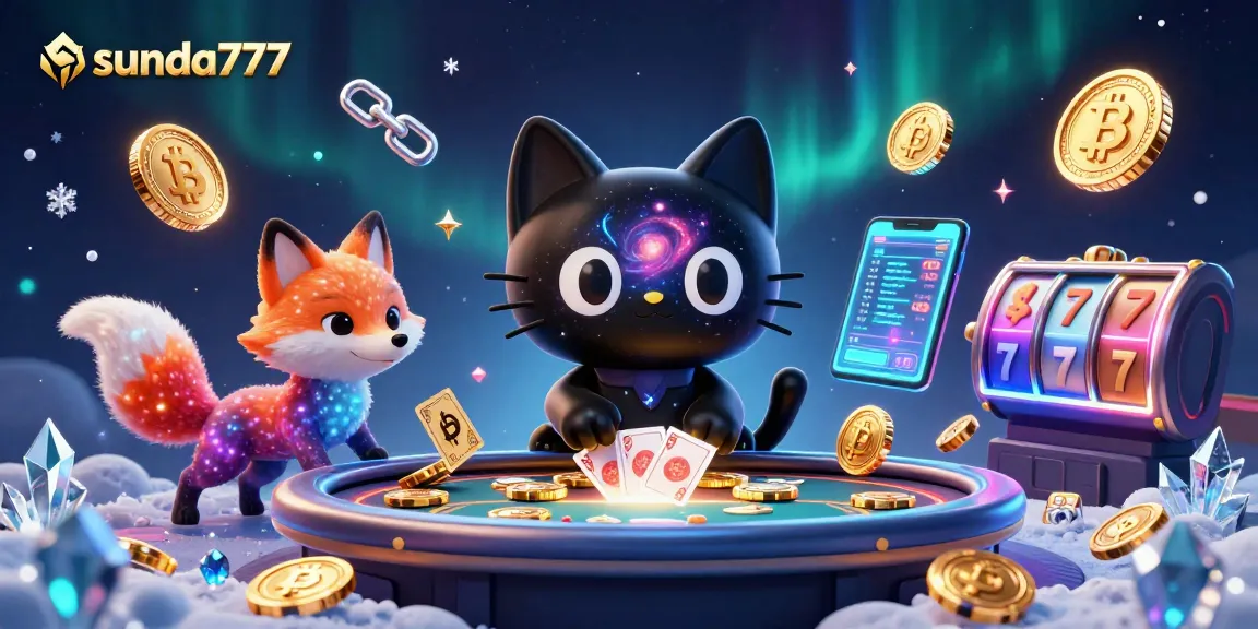 Sunda777 menghadirkan kucing hitam 3D bertema kasino, menarik chip emas dan kartu di tengah suasana angkasa.