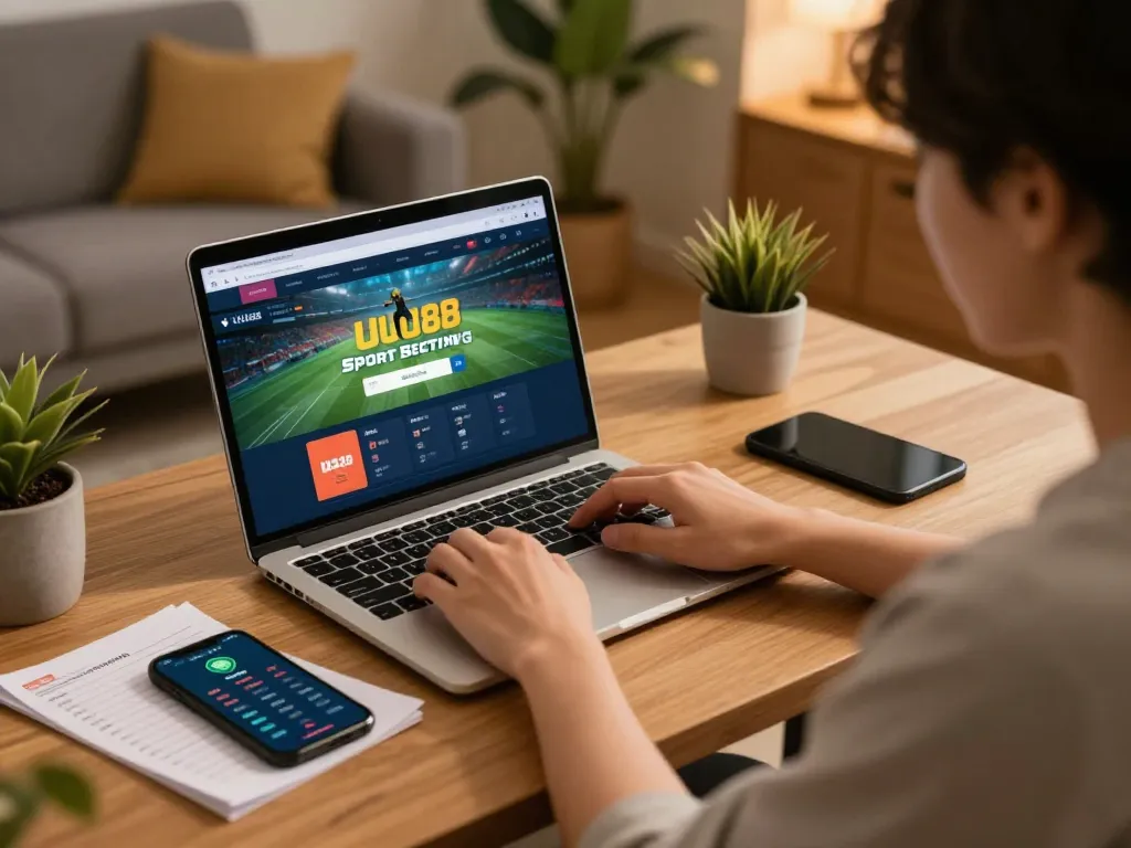 Experience sports betting with the UU88 link in a cozy home setting, showcasing strategic gaming.