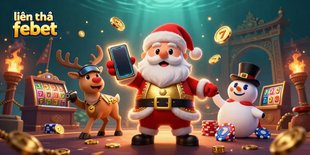 Experience the excitement of liên hệ febet with Santa Claus and friends in a vibrant casino scene.