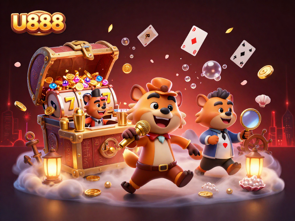 Engage in thrilling slots and casino fun at U888 with vibrant hyenas in a lively scene.