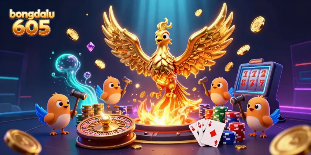Bongdalu 605 showcases a molten metal phoenix among golden coins and casino elements.