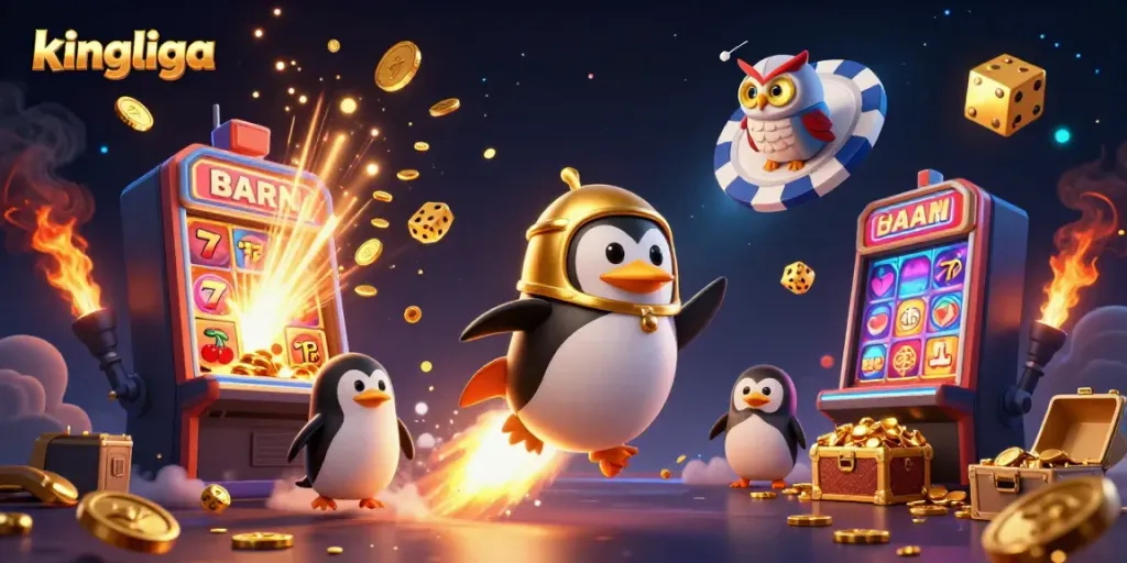 Eksplorasi permainan kasino kingliga dengan penguin emas dan chip poker raksasa.