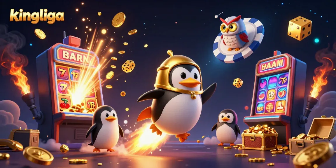 Eksplorasi permainan kasino kingliga dengan penguin emas dan chip poker raksasa.