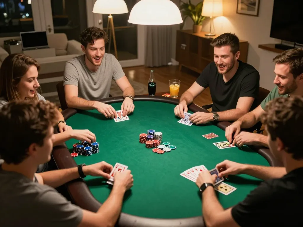Engaged friends playing poker at home, illustrating the social aspect of GAME ONLINE gambling.