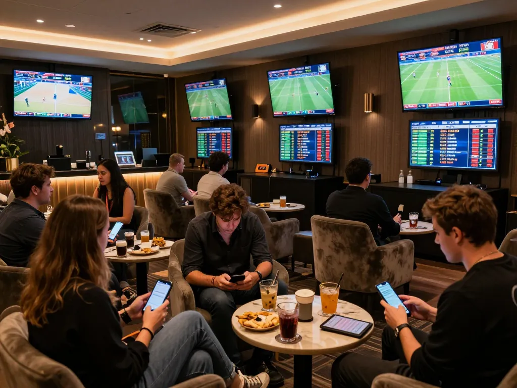 Betting on live sports at 33 win event in an upscale lounge surrounded by excitement.