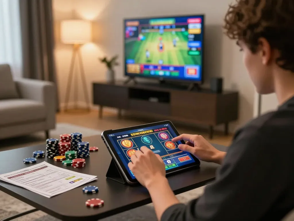 Engaged player enjoying Paris888 slot games on a tablet in a stylish home setting.
