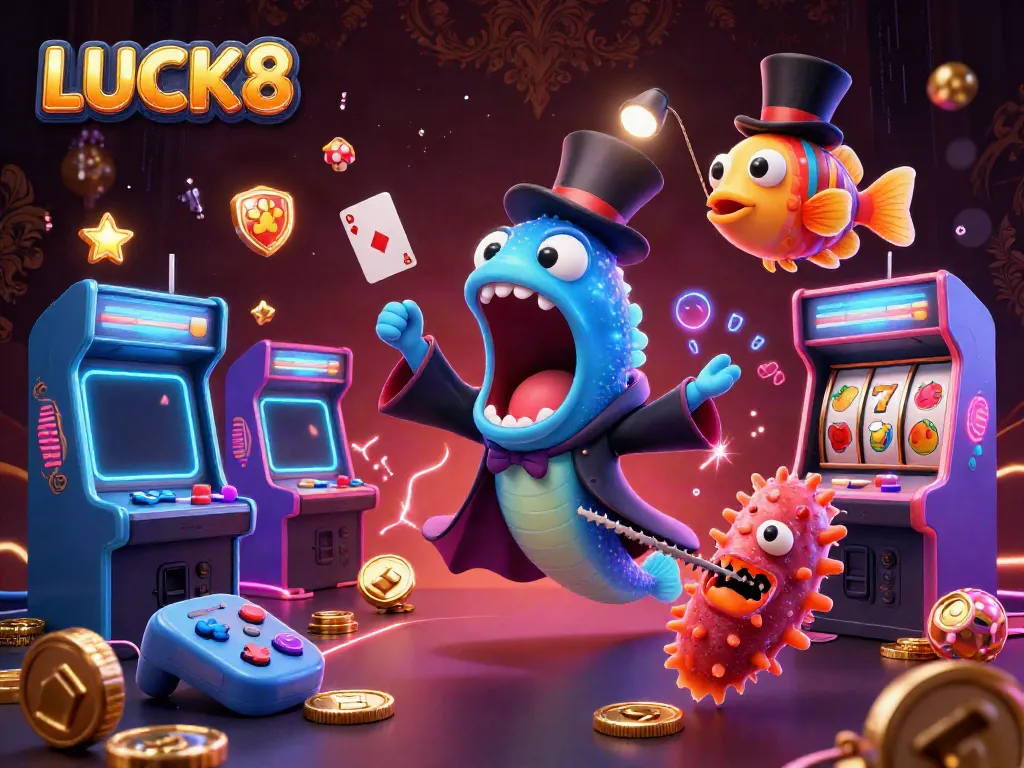 LUCK8 highlights a magical casino scene with a gulper eel performing tricks amid arcade games and slot machines.