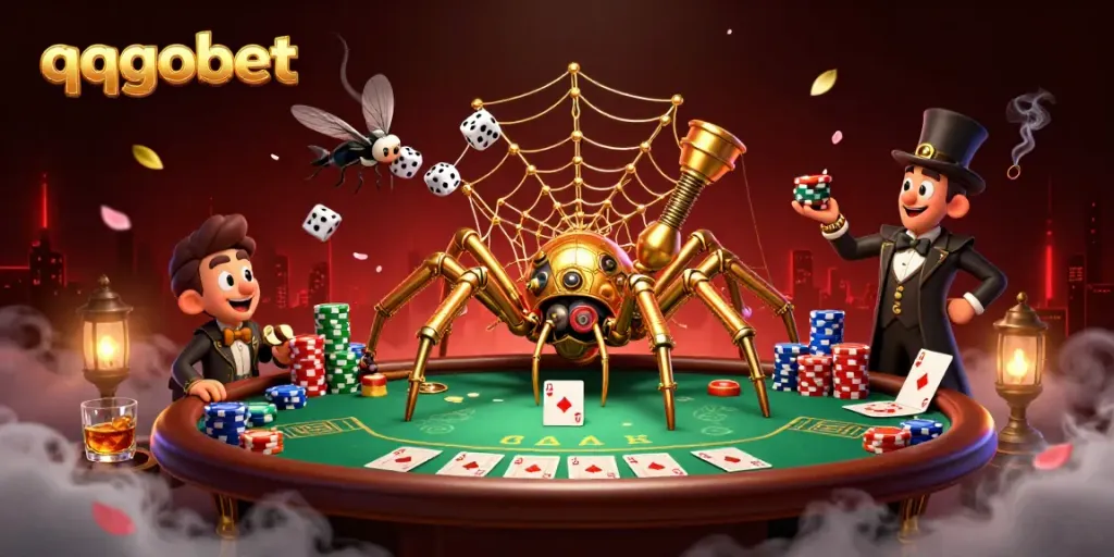 Ilustrasi 3D qqgobet menggambarkan laba-laba emas steampunk dalam jaringan mewah kasino.