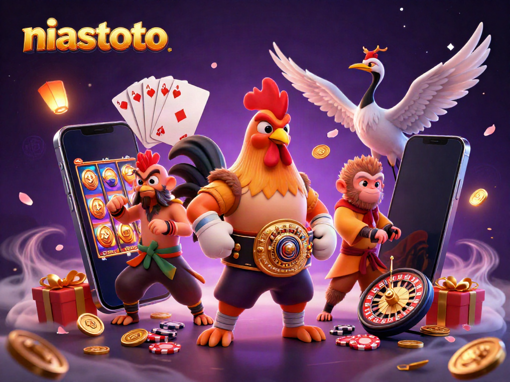 Experience niastoto's thrilling gameplay with a dynamic 3D illustration featuring vibrant casino elements.