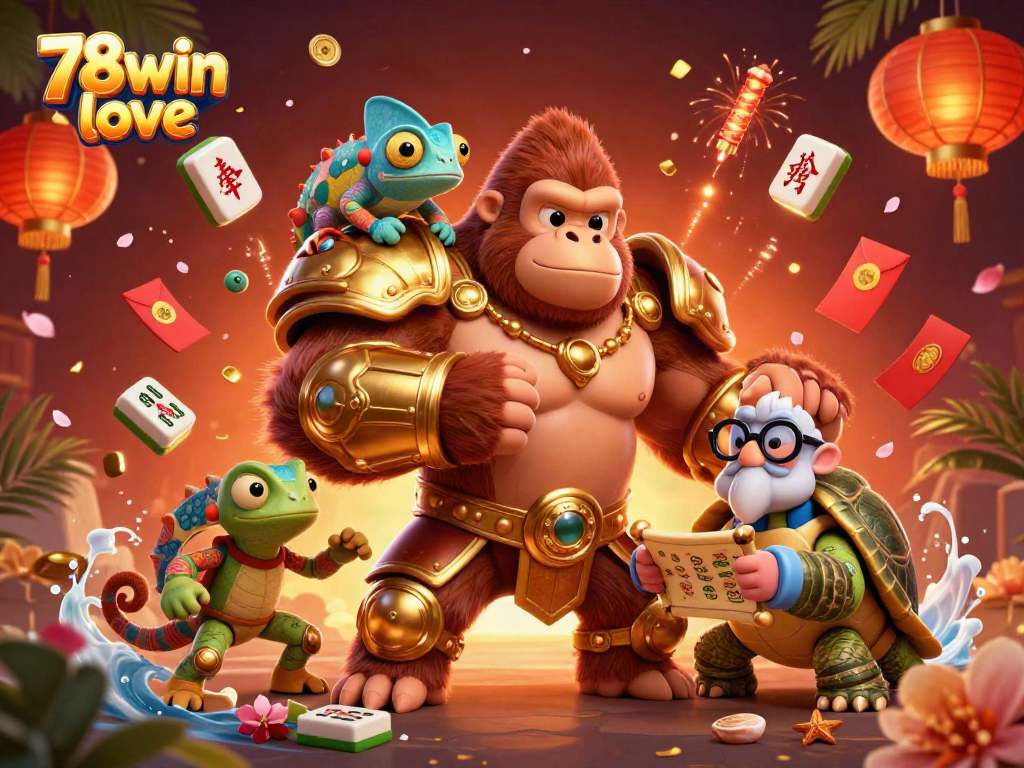 Engage with 78win love in a vibrant 3D casino illustration featuring exciting characters and festive elements.