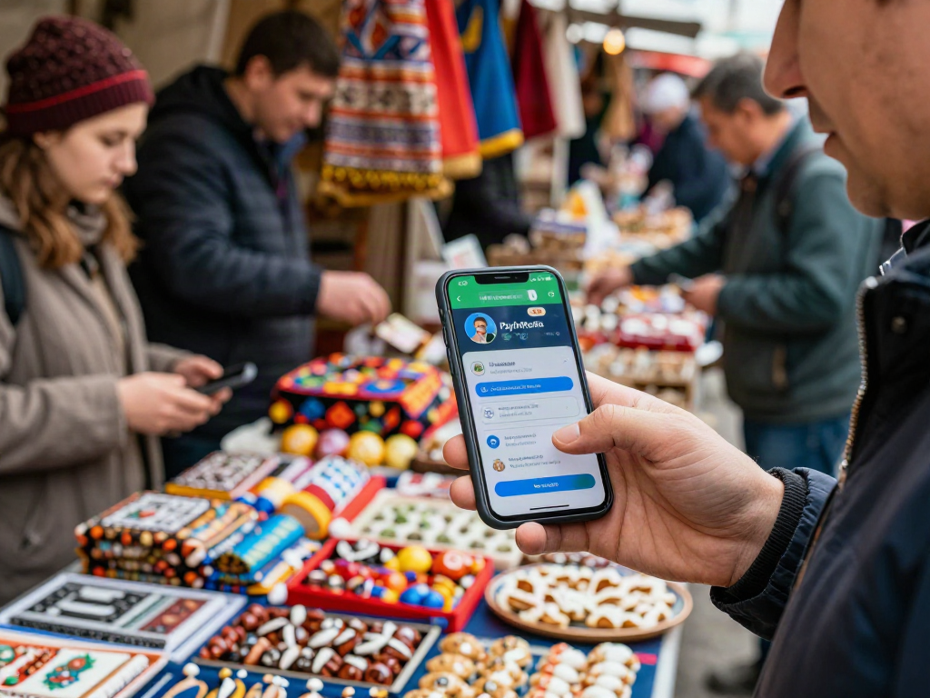 Pengguna aplikasi https://payinrussia.com/ melakukan pembayaran digital di pasar Rusia yang ramai dengan pedagang lokal dan barang-barang berwarna-warni.