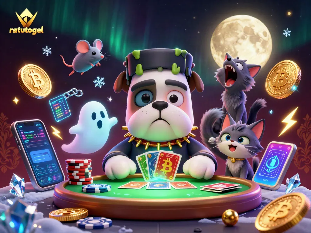 Experience ratutogel magic with a vibrant 3D casino scene featuring quirky characters and crypto elements.