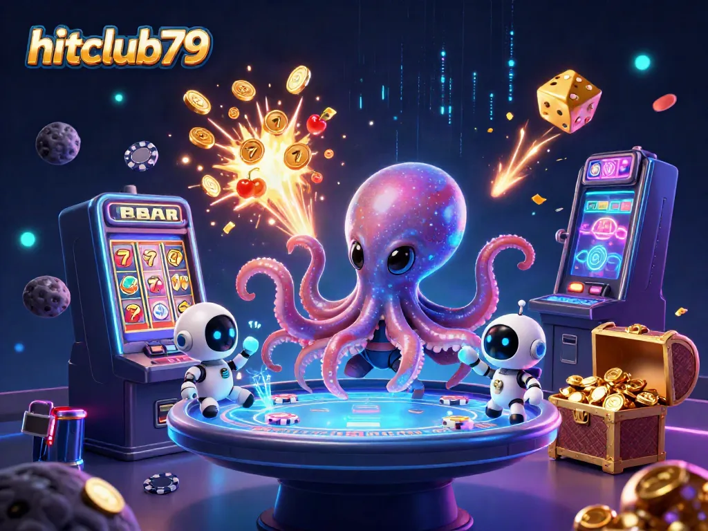 Hitclub79 features an alien octopus operating a holographic poker table amidst a jackpot explosion, showcasing dynamic casino excitement.