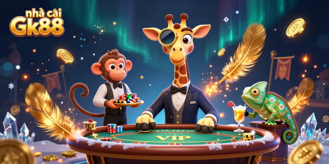 Experience the excitement at nhà cái Gk88 with a vibrant scene of a giraffe in a poker hall surrounded by coins and cocktails.