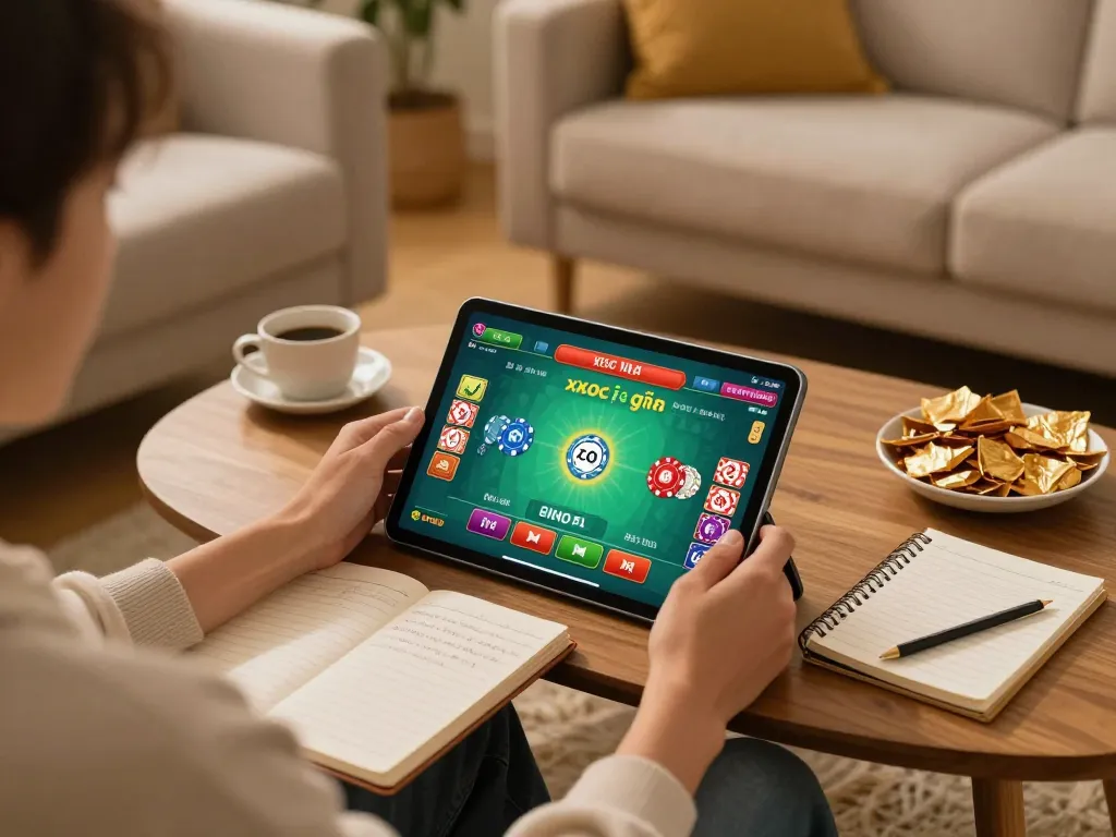 Xóc đĩa là gì game setup, showcasing a player engaging with online gambling interface in a cozy home.