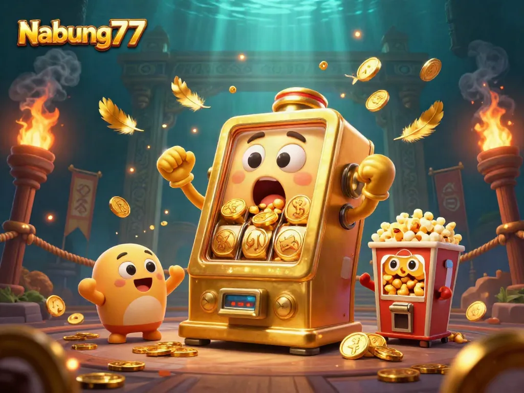 Nabung77 jackpot dengan mesin slot emas, koin mengalir dan popcorn bersinar, suasana ceria.