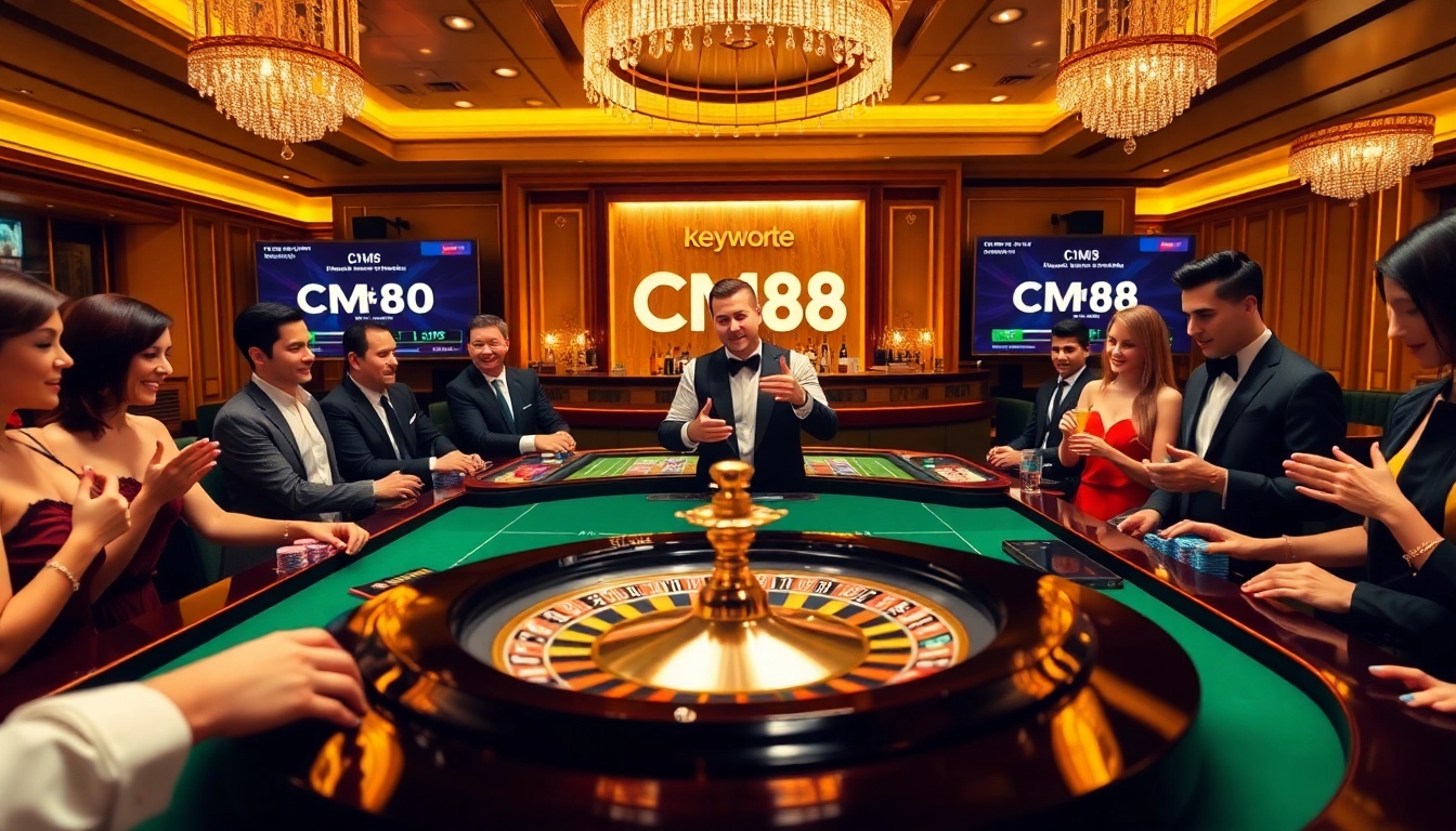 Experience thrilling roulette action at CM88 casino, vibrant atmosphere with excited players and elegant design.