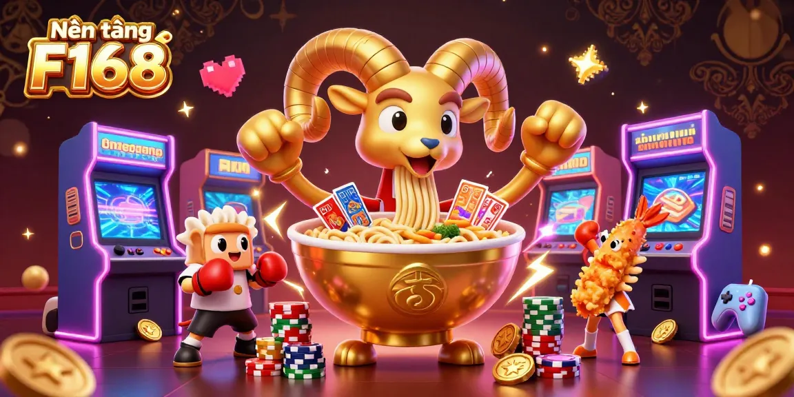 Nền tảng F168 offers vibrant gaming experiences with a golden ramen bowl dealer and dynamic characters.