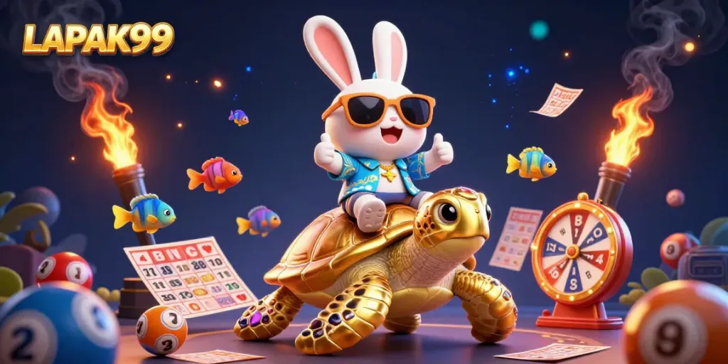 LAPAK99 players celebrate winning with a lucky rabbit and golden turtle in an exciting lottery scene