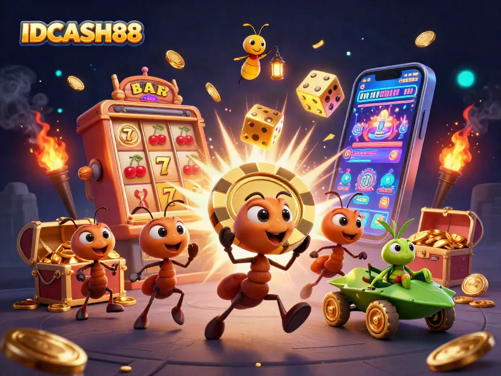Join the heist at IDCASH88, where a team of ants carries a giant poker chip amidst vibrant casino elements.