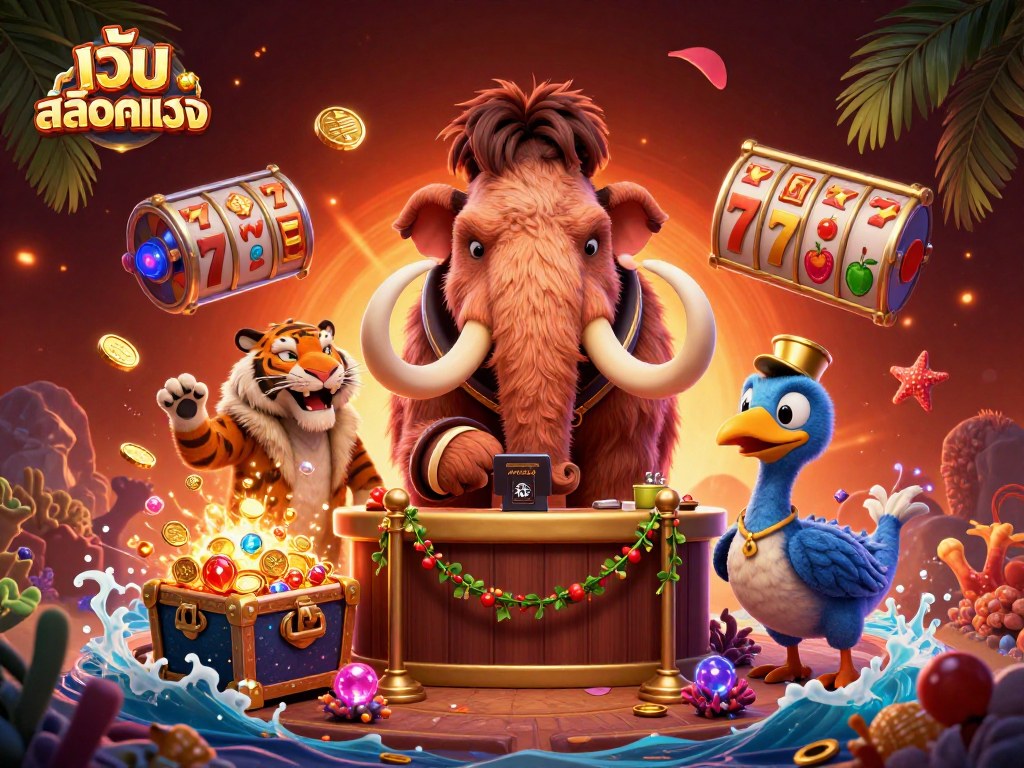 Engage with เว็บสล็อตตรง as a thrilling casino experience, featuring vibrant gaming elements and dynamic characters.