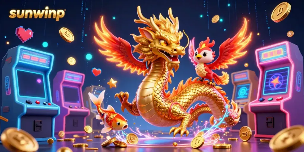 Experience the magic of sunwinp with this dynamic casino-themed illustration featuring a majestic dragon, phoenix, and koi fish.