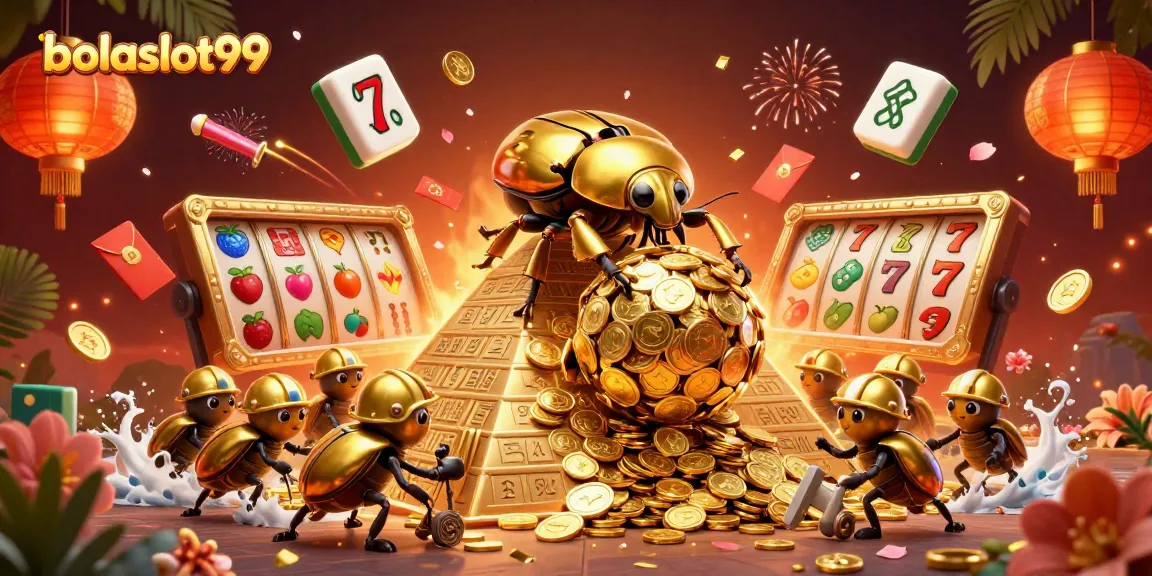 Engage with bolaslot99's vibrant casino adventure featuring golden beetles and slot reels.