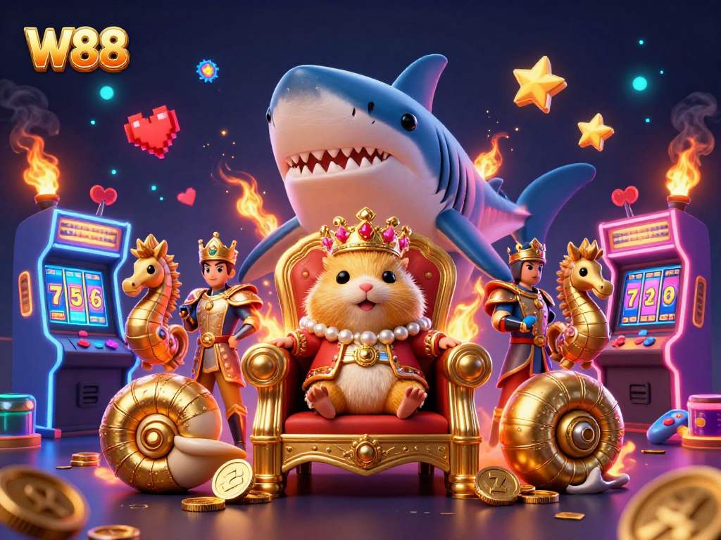 Join the online gaming adventure at W88 with a golden hamster king in a vibrant casino scene.